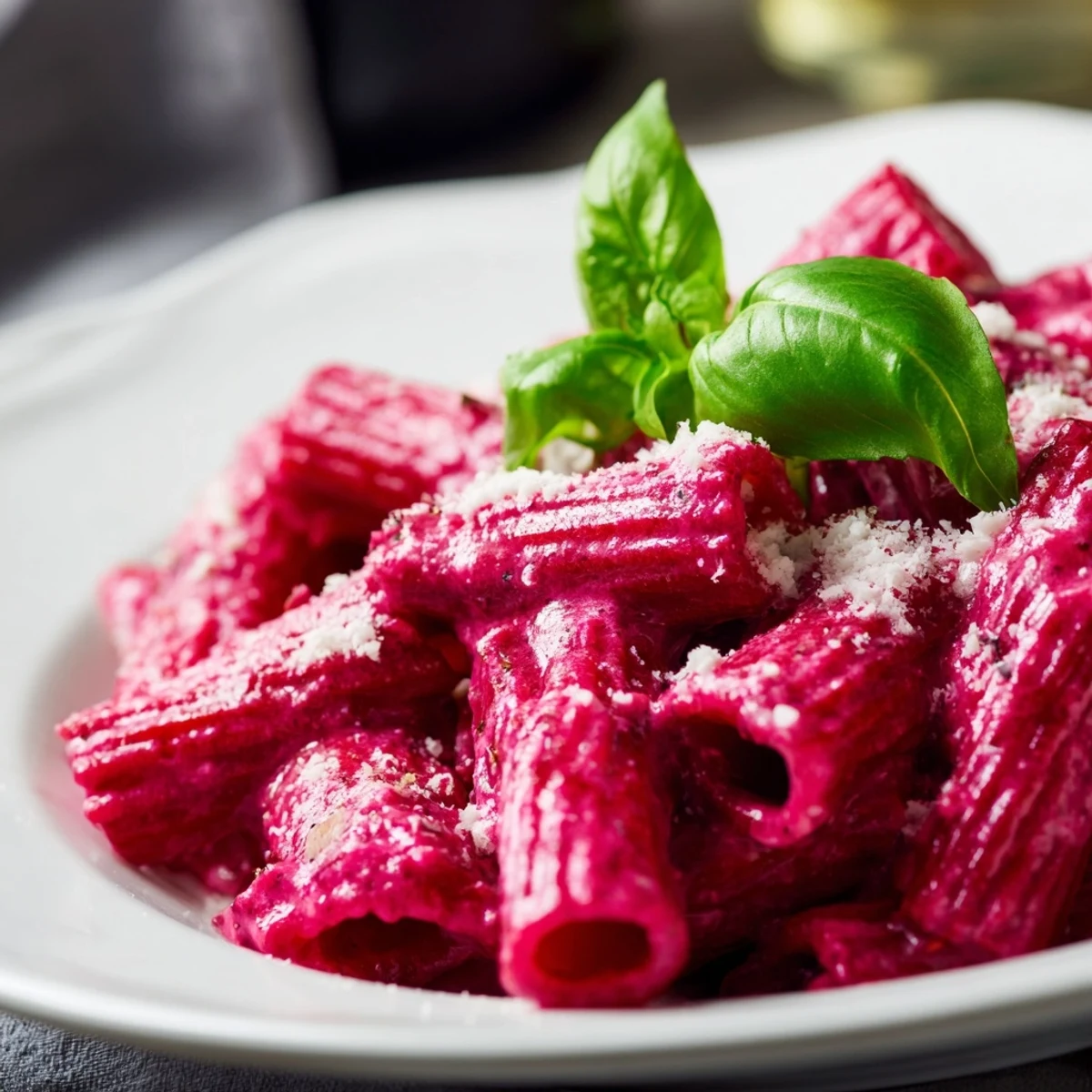 Silky beet cream sauce coats penne pasta for this easy Pink Pasta with Beet Cream, with garlic and lemon notes.