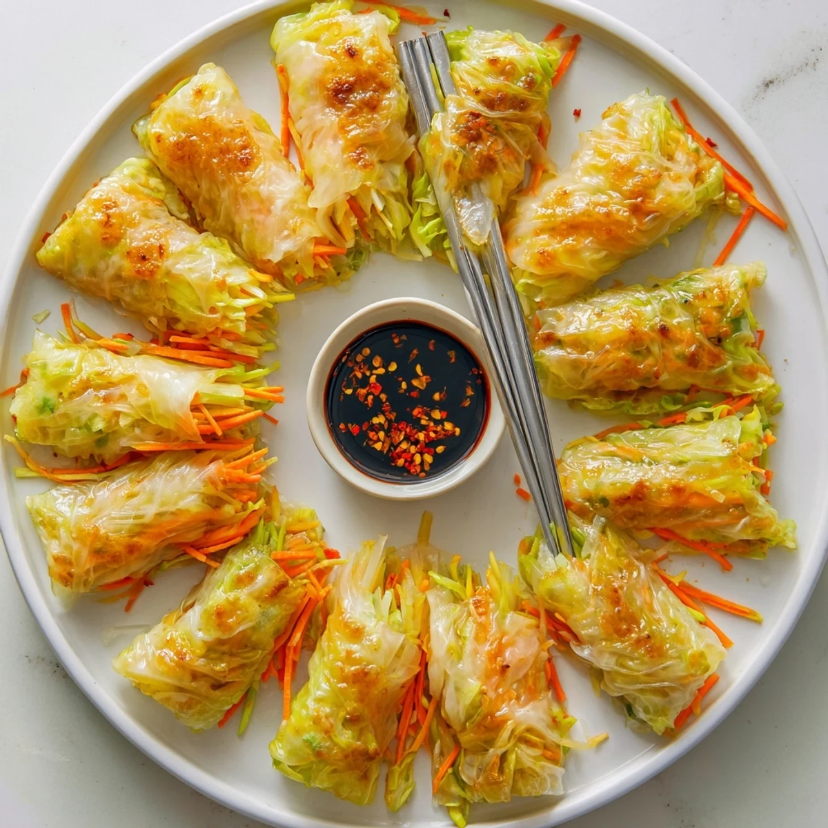 Homemade Crispy Rice Paper Dumplings, golden and crunchy, paired with a small bowl of soy-vinegar sauce.