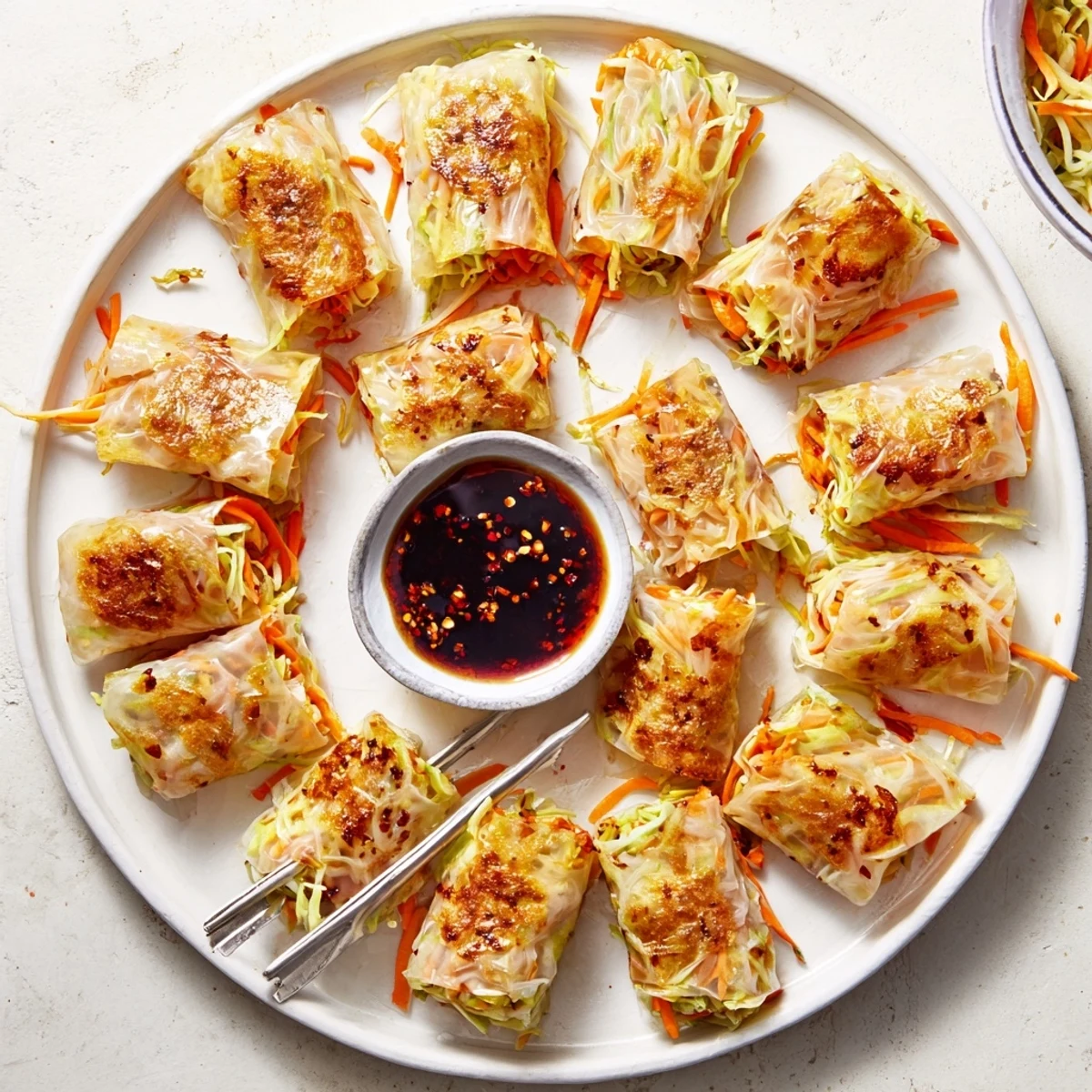 Crispy Rice Paper Dumplings with cabbage and carrot filling, arranged on a wooden board near fresh herbs.