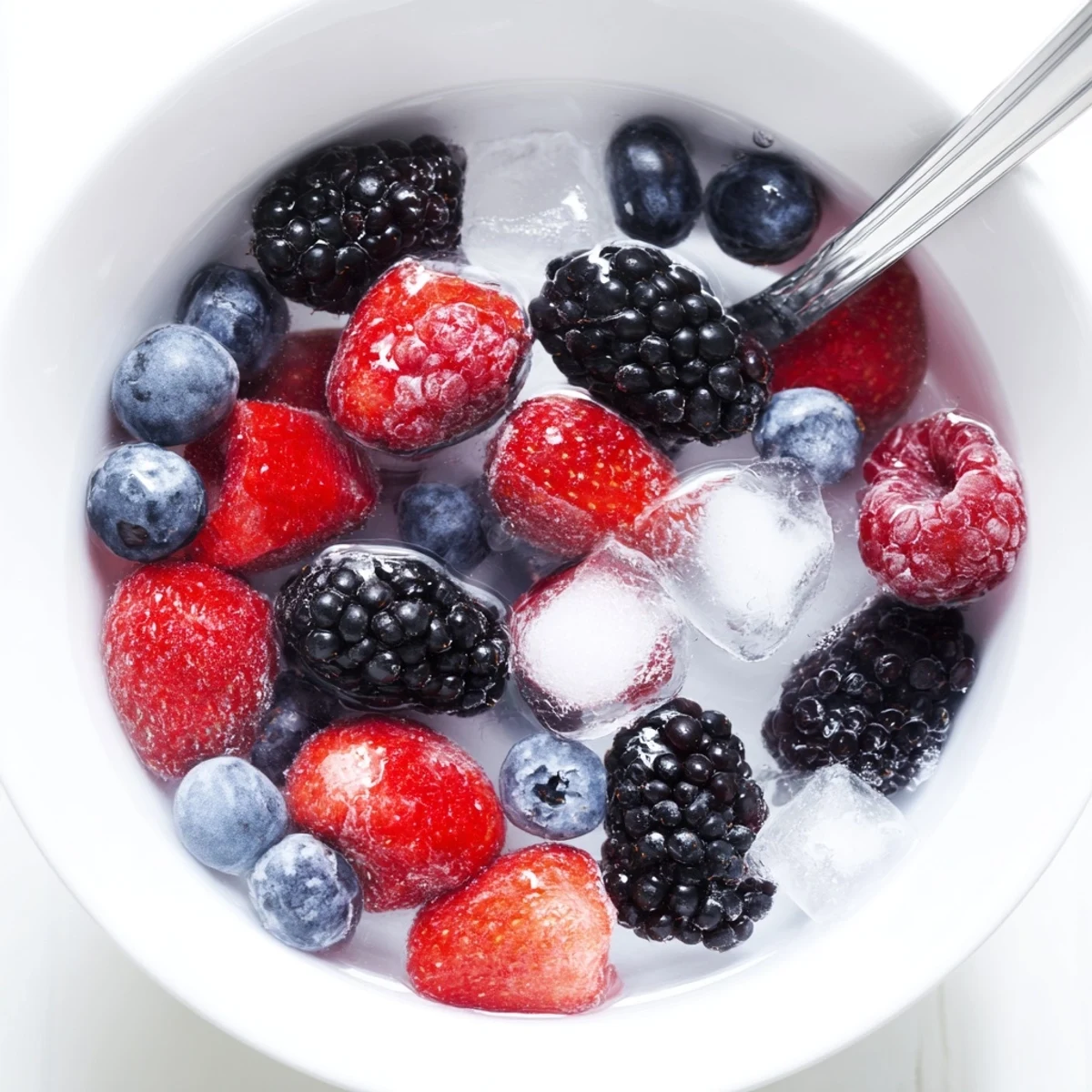 A close-up of a vibrant Nature's Cereal Bowl, featuring fresh berries glistening in chilled coconut water over ice.