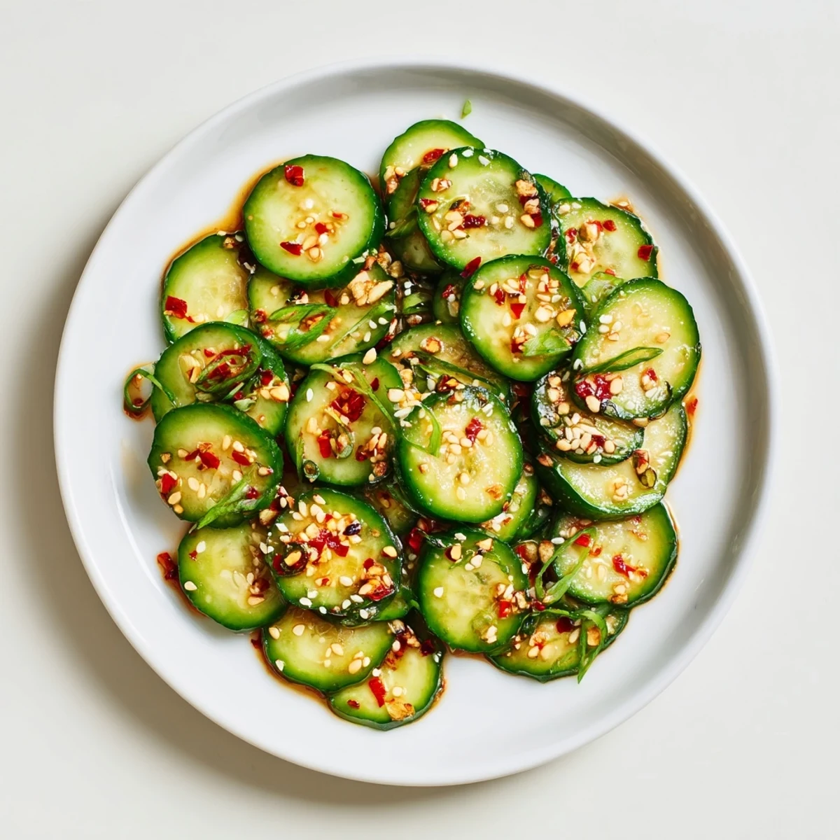 Crisp sliced cucumbers coated in a bold garlic soy sesame dressing, shaken in a jar and served as a refreshing vegan side.  