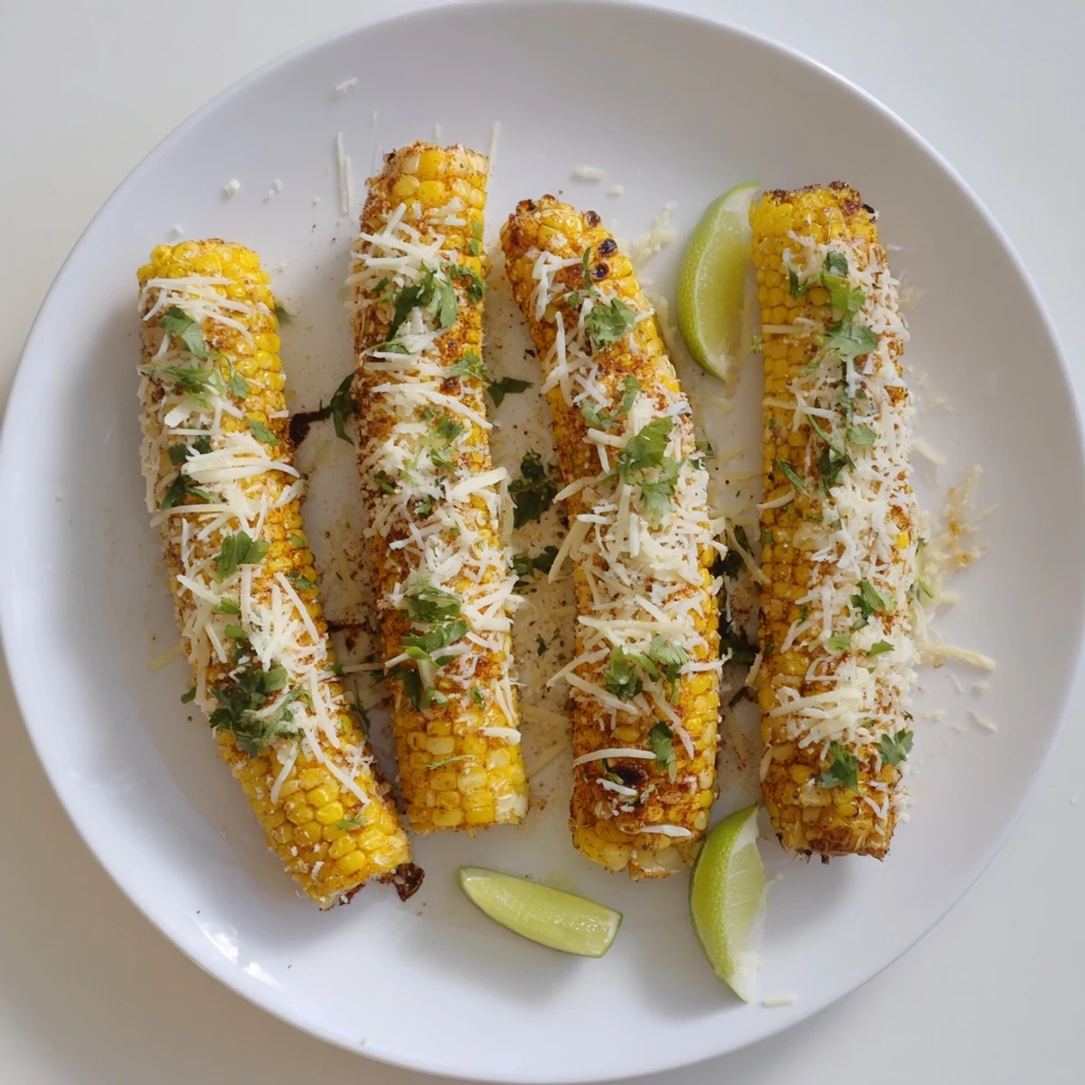 Golden-brown Cheesy Corn Ribs with melted cheddar and Parmesan, garnished with fresh cilantro and lime wedges on a rustic platter.