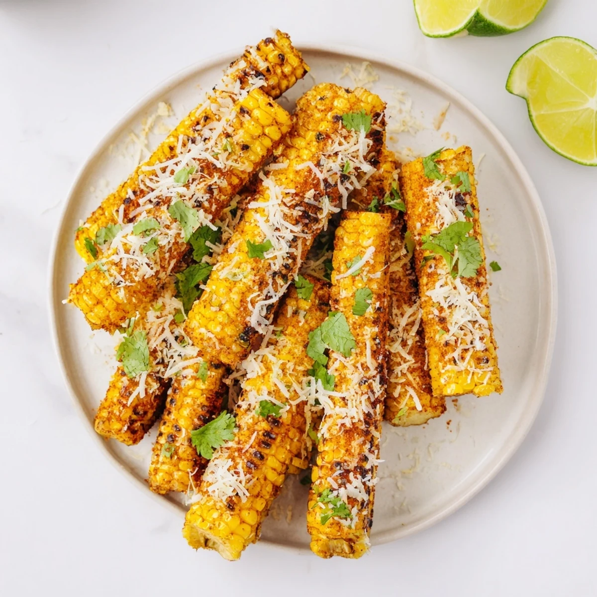 Crispy, tender Cheesy Corn Ribs seasoned with smoked paprika and cumin, finished with herbs and lime on a serving dish.