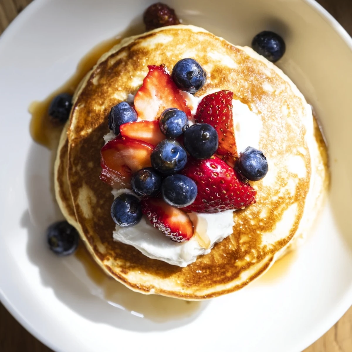 Fluffy Cottage Cheese Pancakes stacked high, golden-brown and steaming, topped with fresh berries and a drizzle of maple syrup.