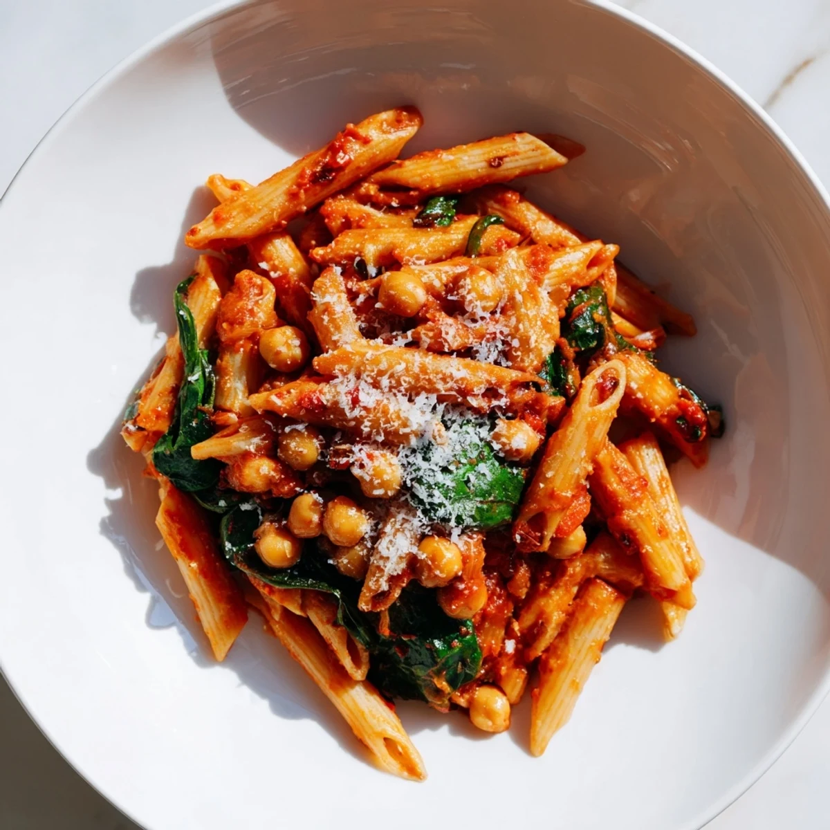 Serve this hearty Creamy Tuscan Chickpea Pasta with fresh basil and crusty bread for a comforting Italian-inspired vegetarian dinner.