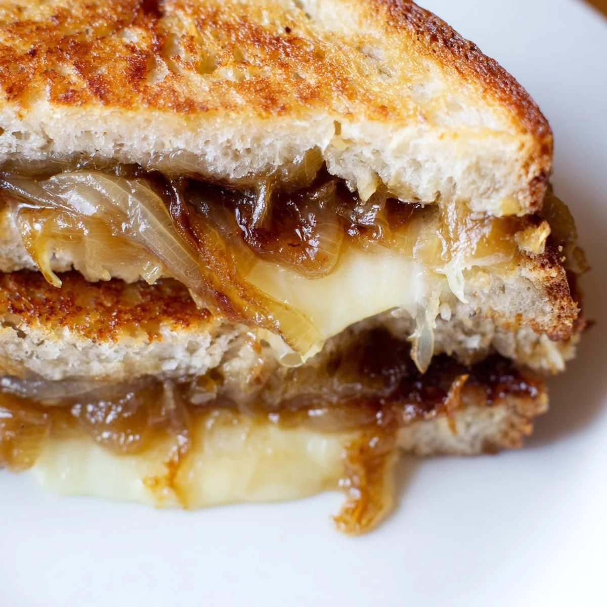 Golden sourdough grilled cheese sandwiches stuffed with jammy caramelized onions and melted sharp white cheddar.