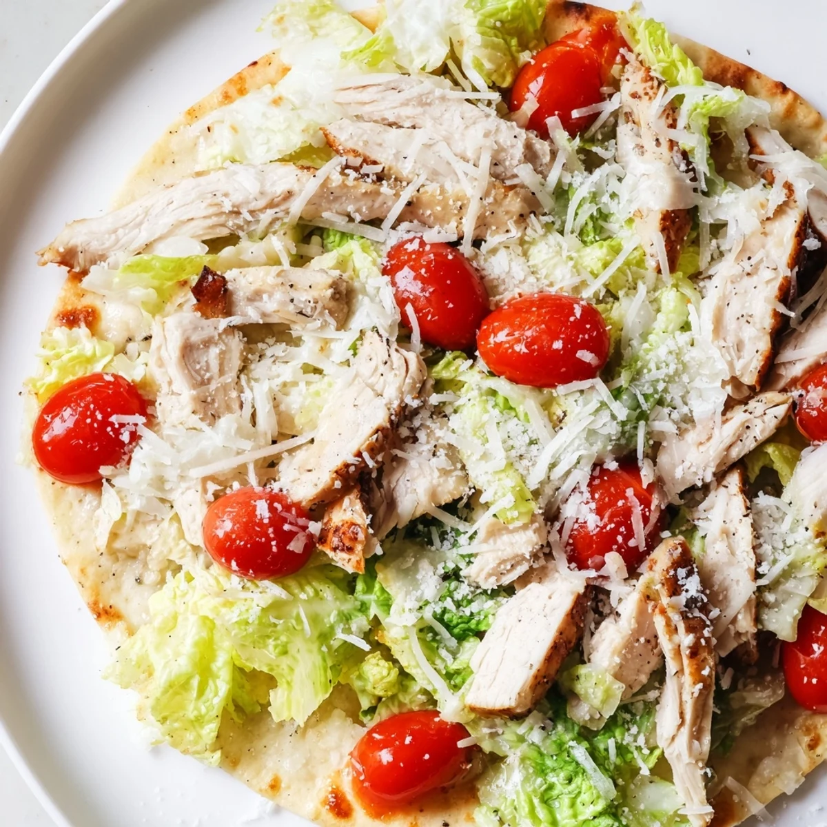 Crispy golden flatbread loaded with grilled chicken, fresh romaine, Caesar dressing, and parmesan.