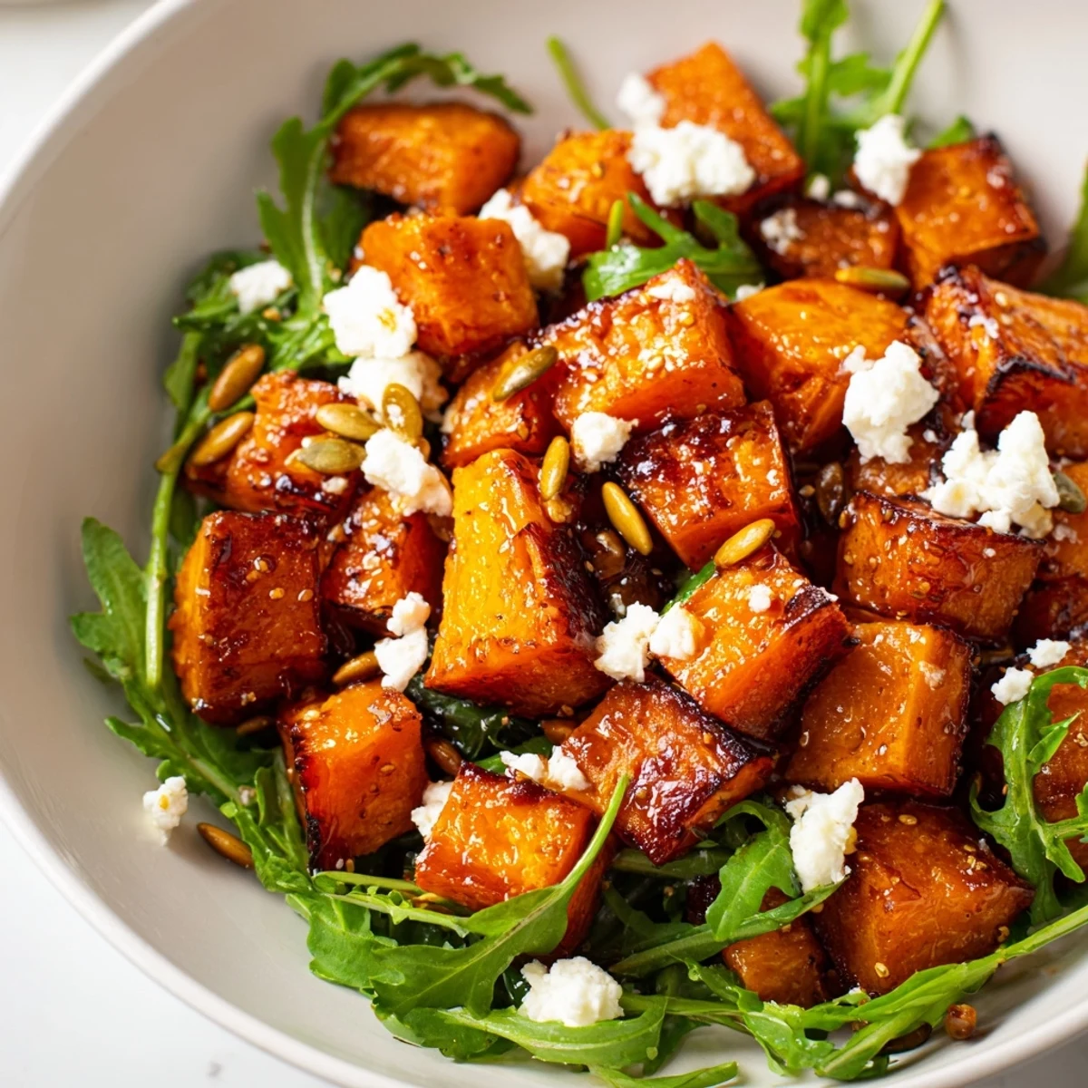 Warm Roasted Sweet Potato Salad served on a platter, featuring tender sweet potatoes, arugula, feta, and a bright citrus dressing.