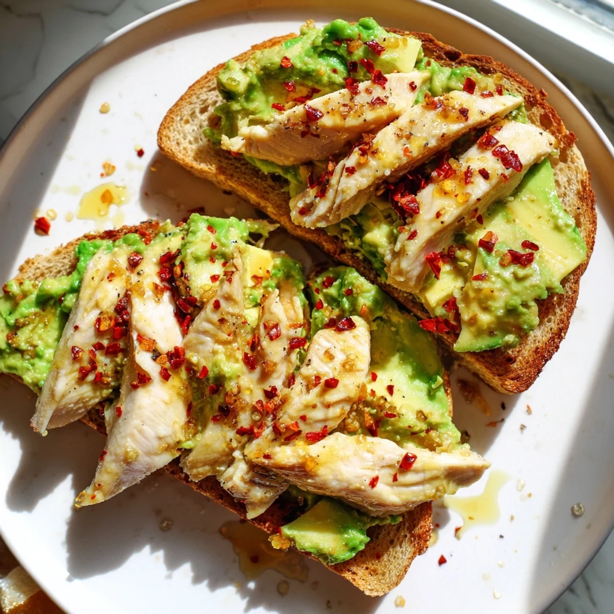 Golden grilled chicken slices resting on creamy smashed avocado spread over toasted sourdough, garnished with red chili flakes and a honey drizzle.