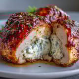 Four servings of Hot Honey Ricotta Stuffed Chicken with a melty ricotta center, plated with roasted vegetables.