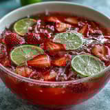 Chilled strawberry daiquiri punch bowl garnished with mint sprigs, lime wheels, and whole strawberries for a refreshing spring celebration.