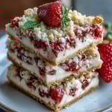 Soft strawberry cookie bars with white chocolate chunks, baked golden and dotted with fresh berries.  