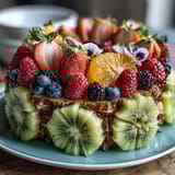 A vibrant fruit table with edible flowers, perfect for a graduation party celebration.