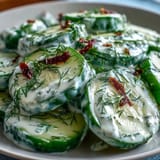 A bowl of creamy cucumber dill salad, perfect for summer picnics and barbecues.