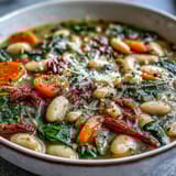 Slow-cooked Tuscan white bean and spinach soup with aromatic herbs, hearty beans, and fresh spinach for a healthy dinner.  