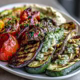 Grilled veggie platter with hummus, featuring tender zucchini, peppers, and eggplant, served with smooth, homemade chickpea dip.  
