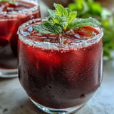 Vibrant non-alcoholic Sparkling Hibiscus Mint Lemonade Mocktail garnished with mint sprigs and lemon wheels in chilled glasses.