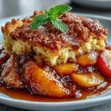 Golden Peach Cobbler with Biscuit Topping, bubbly and warm.