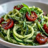Close-up of Zucchini Noodles with Avocado Pesto, showing fresh herbs and creamy sauce.