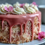 Beautifully draped gold drip adorns this delicate Bridal Shower Rosé Velvet Cake.