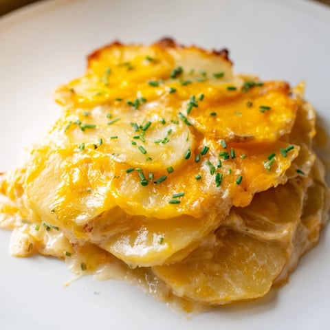 Golden, bubbling Cheesy Scalloped Potatoes with layers of tender potatoes and melted cheese, a comforting casserole.