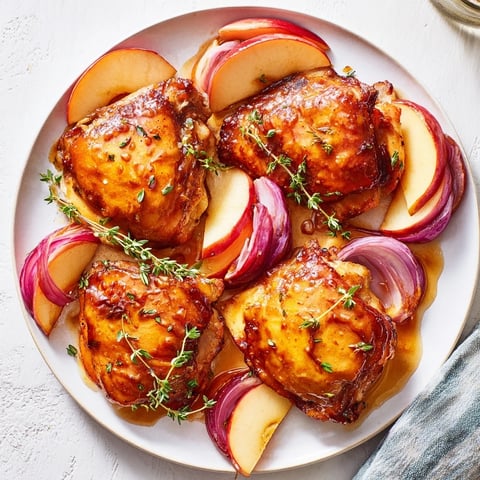 Golden-brown Cider Glazed Chicken Thighs resting atop tender apples and onions, ready to serve.