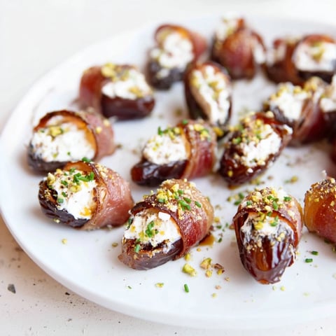 Crispy bacon-wrapped dates stuffed with creamy goat cheese, an elegant appetizer ready to eat.