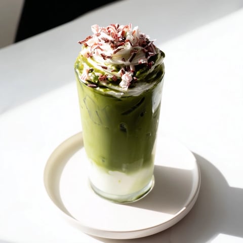 Sugar-Free White Chocolate Candy Cane Iced Matcha layered with whipped cream and crushed candy canes is visually stunning.