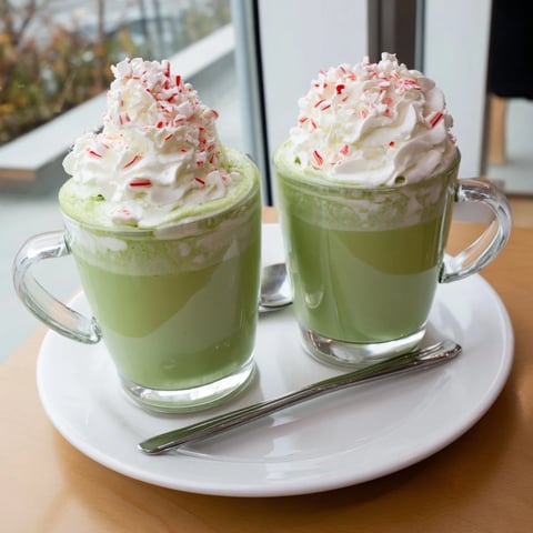 Steaming mug of Cozy Peppermint Matcha Christmas Latte, creamy and vibrant, topped with whipped cream.