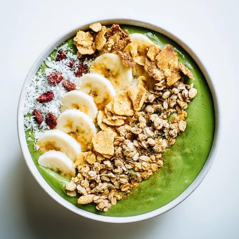 Creamy gingerbread cookie matcha breakfast smoothie bowl topped with granola and candied ginger, a delicious start.