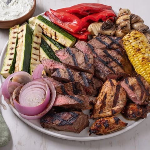 A close-up of The Backyard BBQ Companion, featuring perfectly grilled meats and vibrant vegetables for sharing.