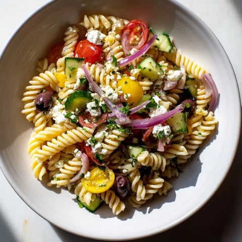 Bright, summery lemon pasta salad featuring colorful vegetables and creamy feta cheese—a perfect light lunch.