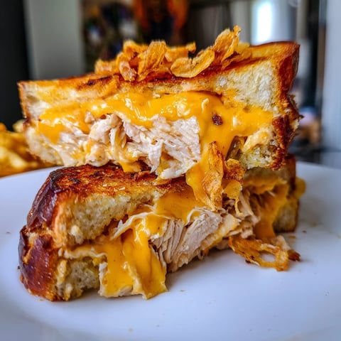 Golden-brown Crispy Shallot Chicken Grilled Cheese with melted cheese oozing out, a decadent treat.
