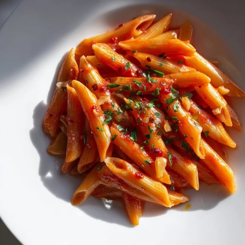 Steaming penne all'arrabbiata, coated in a vibrant, spicy tomato sauce, ready to be enjoyed.