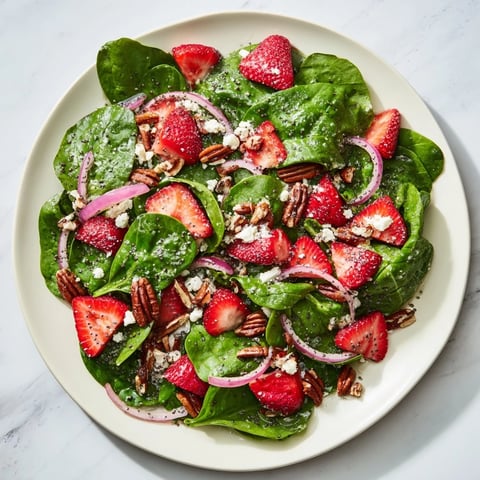 Fresh spinach strawberry salad with vibrant red berries, a light poppy seed dressing, ready to enjoy.