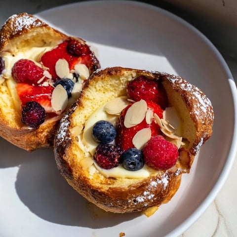 Golden, crispy Custard Toast, served with fresh berries, offers a sweet and satisfying breakfast.