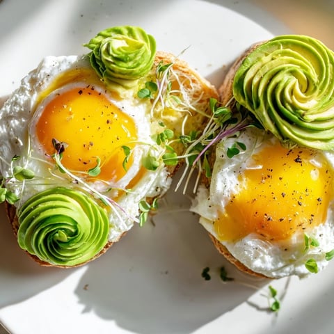 Fluffy Cloud Toast 2.0 with golden egg whites, avocado roses, and drizzled honey, ready to eat.