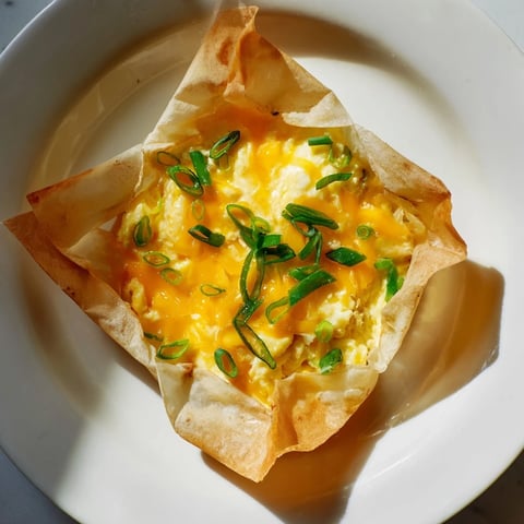Golden-brown Rice Paper Egg & Cheese Fold with melted cheese and crispy edges, ready to eat!