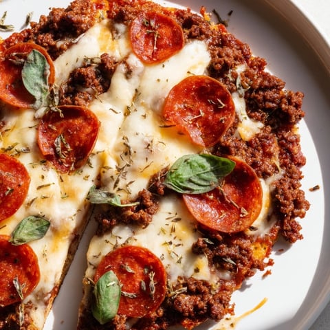 Savory Meat Pizza Pepperoni Stack with melted mozzarella, a delicious low-carb dinner idea.