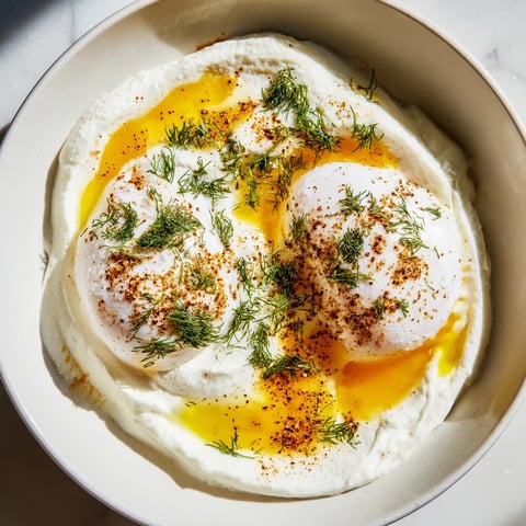 Creamy yogurt base topped with perfectly poached Cilbir eggs, drizzled with spiced, flavorful brown butter.
