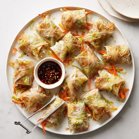 Golden-brown, pan-fried Crispy Rice Paper Dumplings served with a tangy dipping sauce on a white plate.
