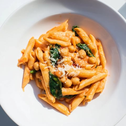 Creamy Tuscan Chickpea Pasta features al dente penne coated in a rich tomato cream sauce with wilted spinach and tender chickpeas.