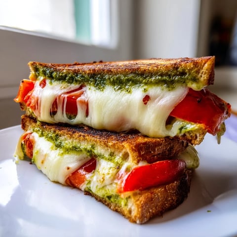 Golden-brown Caprese Pesto Grilled Cheese sandwich with melted mozzarella and ripe tomato slices on crusty sourdough, served on a wooden cutting board.