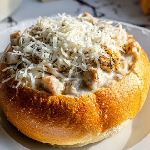 Golden, crispy bread bowls brimming with creamy chicken Alfredo, topped with melted Parmesan and fresh parsley for a comforting Italian-American meal.