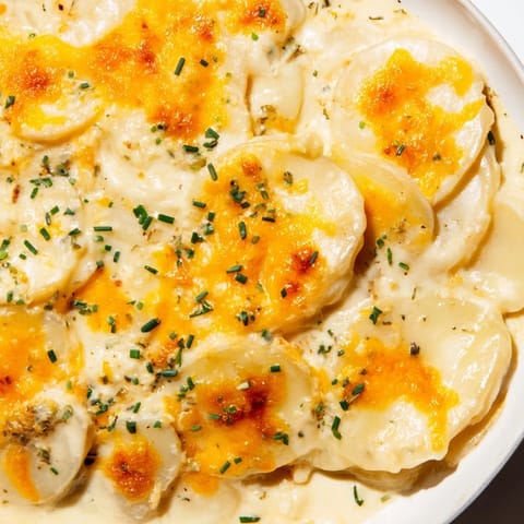 A rich bake of Cheesy Scalloped Potatoes, creamy layers with melted cheddar, Gruyere, excellent as a side.