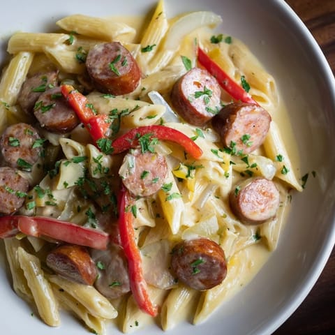 A vibrant photo: Steaming Smoked Sausage Cajun Alfredo with penne, perfectly plated and ready to eat.