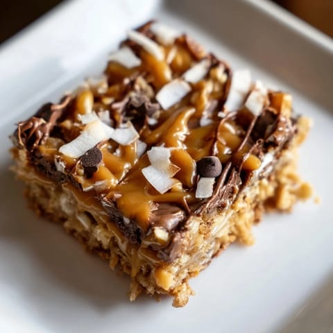 Golden 7-Layer Magic Bars topped with salted caramel drizzle, a delicious, layered dessert.