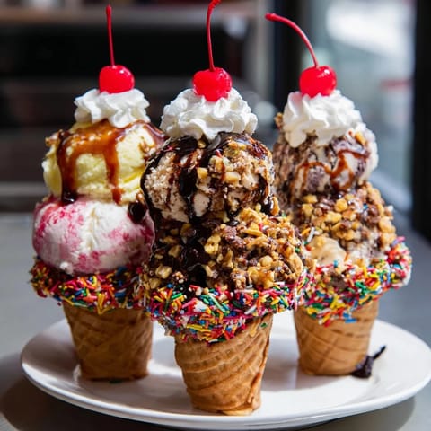A colorful Ice Cream Cone Grazing Board filled with waffle cones, fresh berries, and sweet treats.