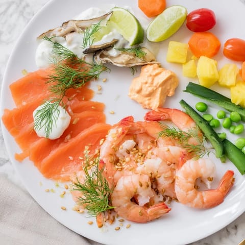 Wave Rider Surfer Snack Board featuring smoked salmon and colorful fruits, perfect for a beach day.