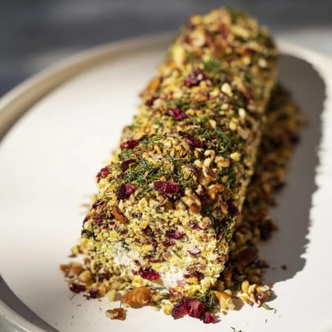 Vibrant overhead shot of a festive Winter Snowdrift Goat Cheese Log appetizer, a perfect holiday starter.